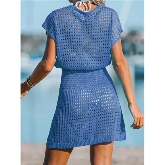 Women's Crochet Swim Cover Up Mini Dress V Neck Beachwear Short Sleeve